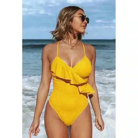 NEW One Piece Swimsuit Size M Yellow Ruffle Lace Up Back V-Neck Boho Whimsy - Picture 1 of 8
